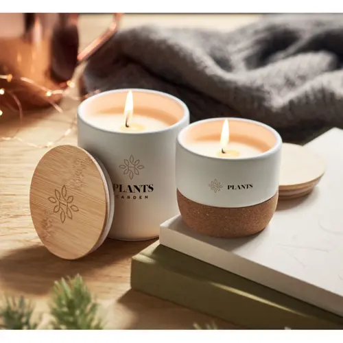 Candela in cera vegetale 80 gr vaso di gres con coperchio in bambù e base in sughero