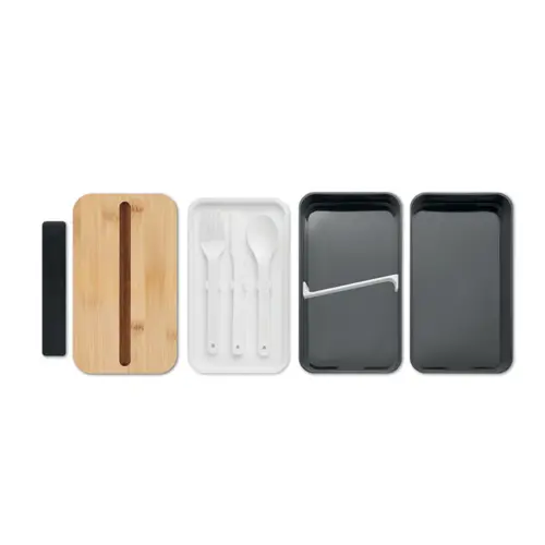 Porta pranzo in PP riciclato a due livelli da 400ml (2x) con posate e supporto per telefono sul coperchio in bambù