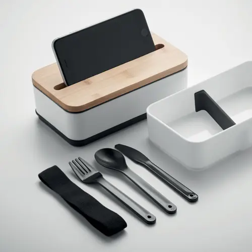 Porta pranzo in PP riciclato a due livelli da 400ml (2x) con posate e supporto per telefono sul coperchio in bambù