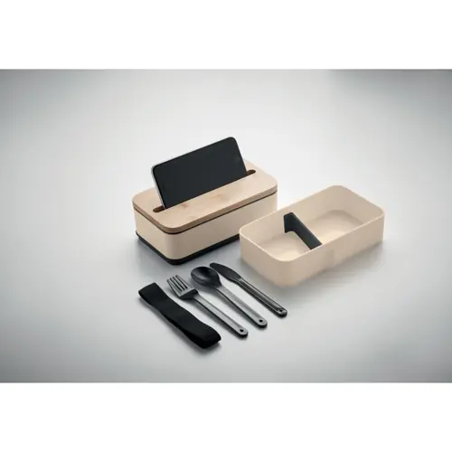 Porta pranzo in PP riciclato a due livelli da 400ml (2x) con posate e supporto per telefono sul coperchio in bambù