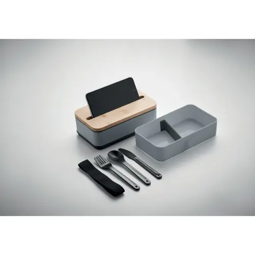 Porta pranzo in PP riciclato a due livelli da 400ml (2x) con posate e supporto per telefono sul coperchio in bambù