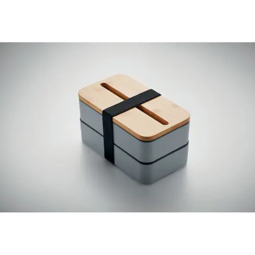 Porta pranzo in PP riciclato a due livelli da 400ml (2x) con posate e supporto per telefono sul coperchio in bambù