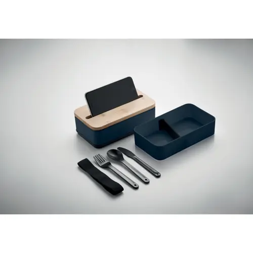 Porta pranzo in PP riciclato a due livelli da 400ml (2x) con posate e supporto per telefono sul coperchio in bambù