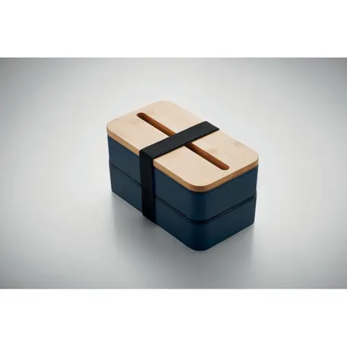 Porta pranzo in PP riciclato a due livelli da 400ml (2x) con posate e supporto per telefono sul coperchio in bambù