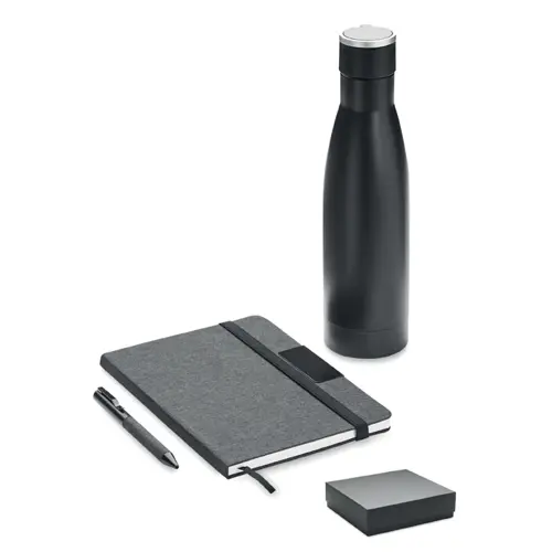 Set regalo composto da borraccia in acciaio inox doppio strato da 500ml con block notes A5 in RPET e penna a sfera
