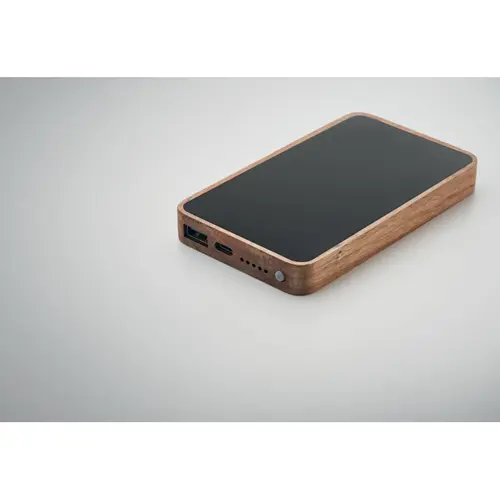 Power bank in legno di acacia e PU riciclato con ricarica wireless rapida da 4000mAh