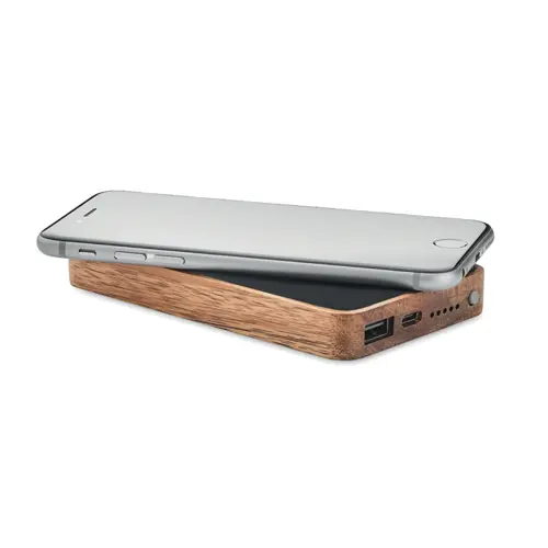 Power bank in legno di acacia e PU riciclato con ricarica wireless rapida da 4000mAh