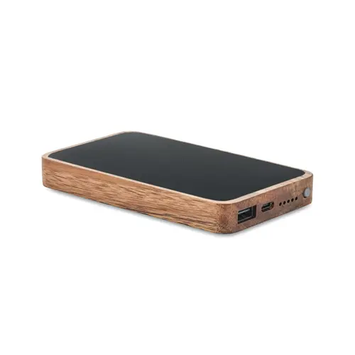 Power bank in legno di acacia e PU riciclato con ricarica wireless rapida da 4000mAh