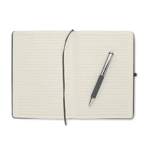 Set regalo block notes A5 copertina rigida in pelle riciclata pagine a righe in carta riciclata e penna in metallo refill blu