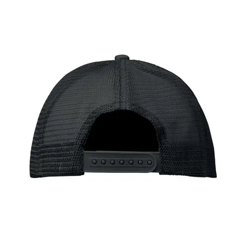 Cappellino trucker con visiera in poliestere a 5 pannelli con retinatura e chiusura regolabile in plastica