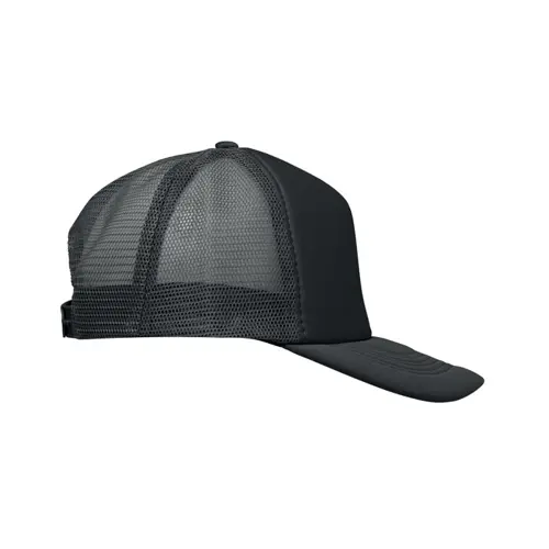 Cappellino trucker con visiera in poliestere a 5 pannelli con retinatura e chiusura regolabile in plastica