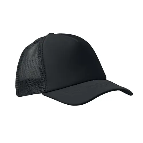 Cappellino trucker con visiera in poliestere a 5 pannelli con retinatura e chiusura regolabile in plastica