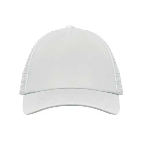 Cappellino trucker con visiera in poliestere a 5 pannelli con retinatura e chiusura regolabile in plastica