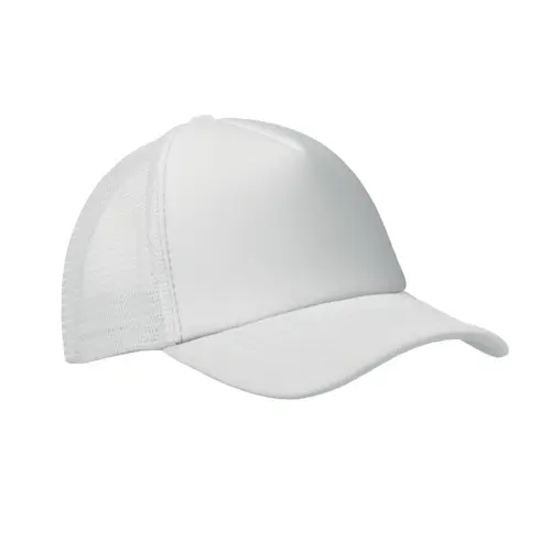 Cappellino trucker con visiera in poliestere a 5 pannelli con retinatura e chiusura regolabile in plastica