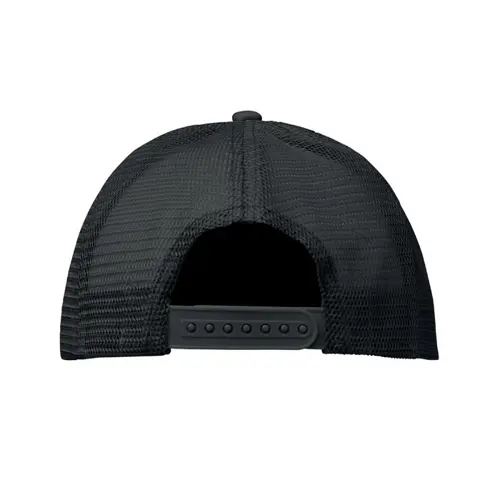 Cappellino trucker con visiera in poliestere a 5 pannelli con retinatura e chiusura regolabile in plastica