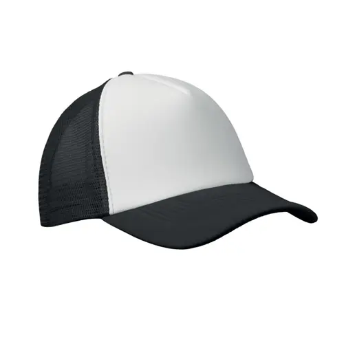 Cappellino trucker con visiera in poliestere a 5 pannelli con retinatura e chiusura regolabile in plastica
