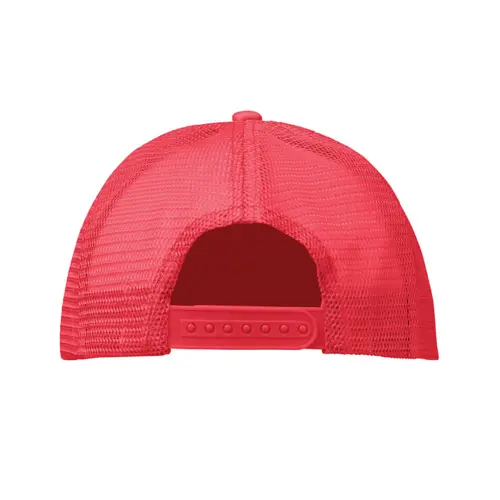Cappellino trucker con visiera in poliestere a 5 pannelli con retinatura e chiusura regolabile in plastica