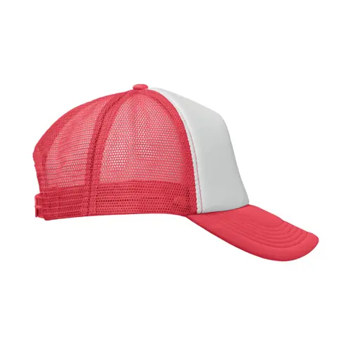 Cappellino trucker con visiera in poliestere a 5 pannelli con retinatura e chiusura regolabile in plastica
