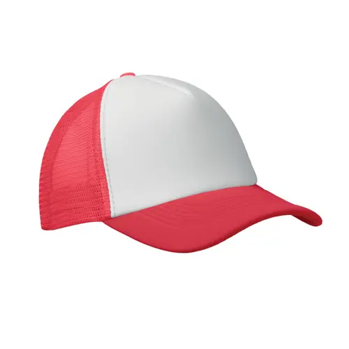 Cappellino trucker con visiera in poliestere a 5 pannelli con retinatura e chiusura regolabile in plastica