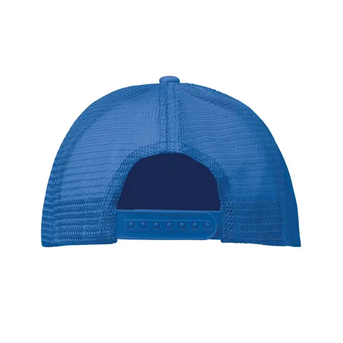 Cappellino trucker con visiera in poliestere a 5 pannelli con retinatura e chiusura regolabile in plastica