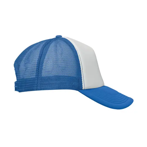 Cappellino trucker con visiera in poliestere a 5 pannelli con retinatura e chiusura regolabile in plastica