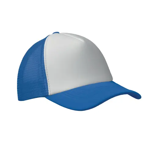 Cappellino trucker con visiera in poliestere a 5 pannelli con retinatura e chiusura regolabile in plastica