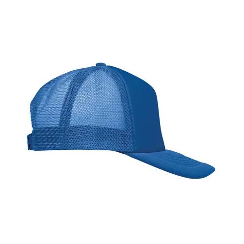Cappellino trucker con visiera in poliestere a 5 pannelli con retinatura e chiusura regolabile in plastica