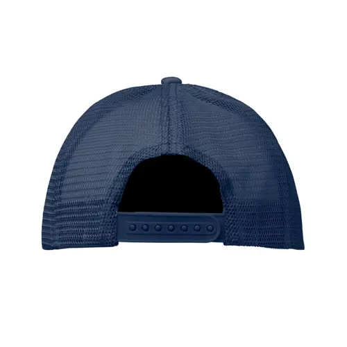 Cappellino trucker con visiera in poliestere a 5 pannelli con retinatura e chiusura regolabile in plastica