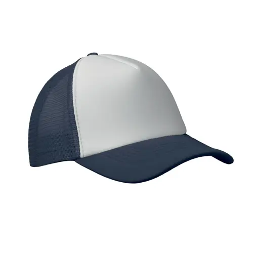 Cappellino trucker con visiera in poliestere a 5 pannelli con retinatura e chiusura regolabile in plastica