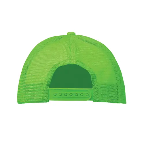 Cappellino trucker con visiera in poliestere a 5 pannelli con retinatura e chiusura regolabile in plastica