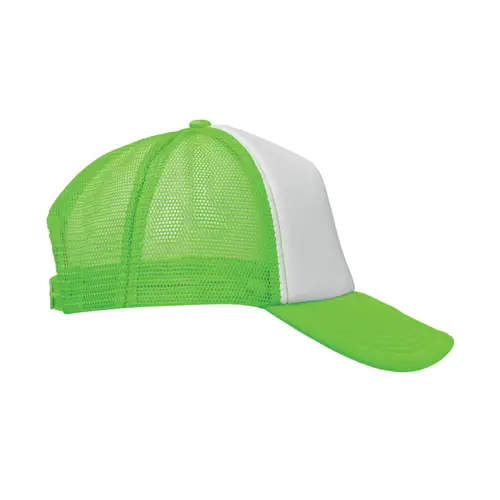 Cappellino trucker con visiera in poliestere a 5 pannelli con retinatura e chiusura regolabile in plastica
