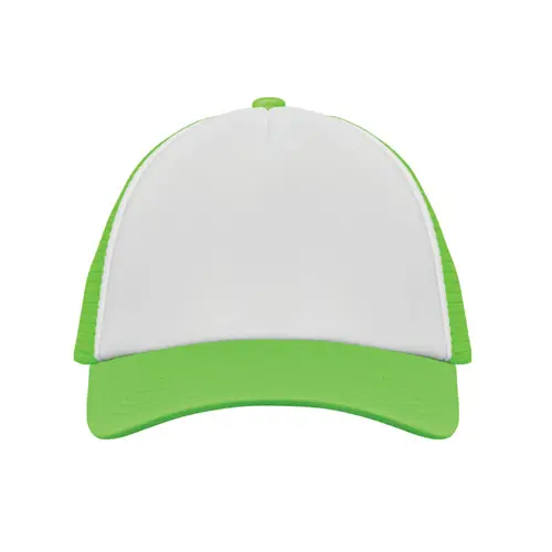 Cappellino trucker con visiera in poliestere a 5 pannelli con retinatura e chiusura regolabile in plastica