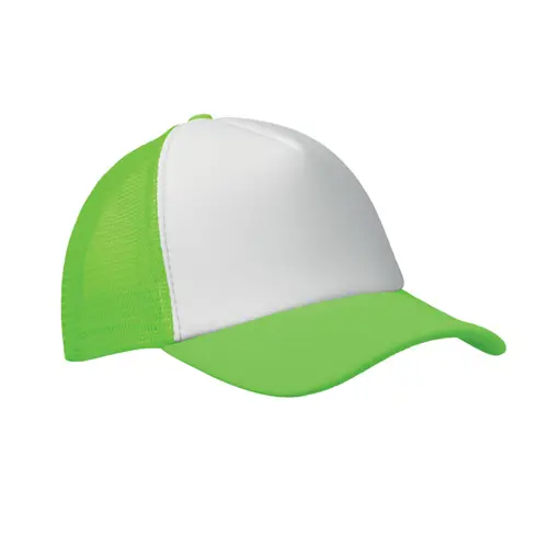 Cappellino trucker con visiera in poliestere a 5 pannelli con retinatura e chiusura regolabile in plastica