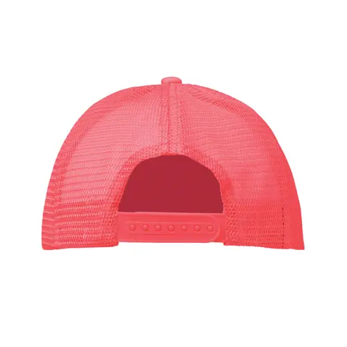 Cappellino trucker con visiera in poliestere a 5 pannelli con retinatura e chiusura regolabile in plastica