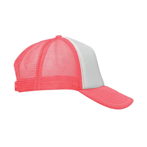 Cappellino trucker con visiera in poliestere a 5 pannelli con retinatura e chiusura regolabile in plastica