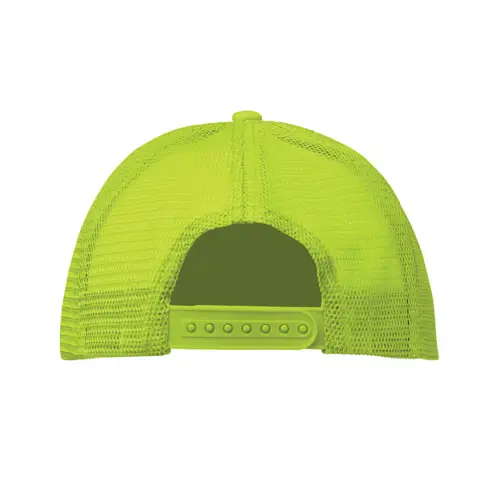 Cappellino trucker con visiera in poliestere a 5 pannelli con retinatura e chiusura regolabile in plastica