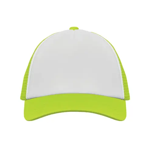Cappellino trucker con visiera in poliestere a 5 pannelli con retinatura e chiusura regolabile in plastica
