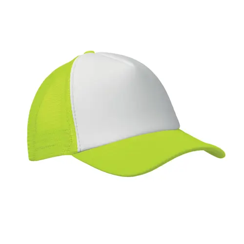 Cappellino trucker con visiera in poliestere a 5 pannelli con retinatura e chiusura regolabile in plastica