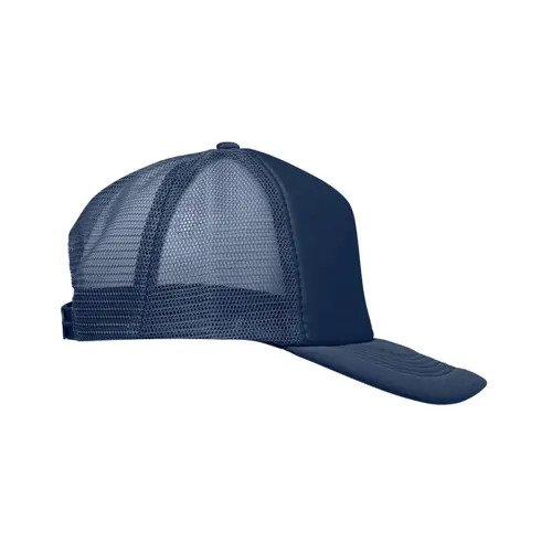 Cappellino trucker con visiera in poliestere a 5 pannelli con retinatura e chiusura regolabile in plastica