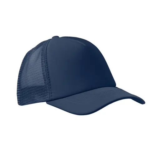 Cappellino trucker con visiera in poliestere a 5 pannelli con retinatura e chiusura regolabile in plastica