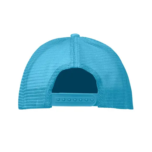 Cappellino trucker con visiera in poliestere a 5 pannelli con retinatura e chiusura regolabile in plastica