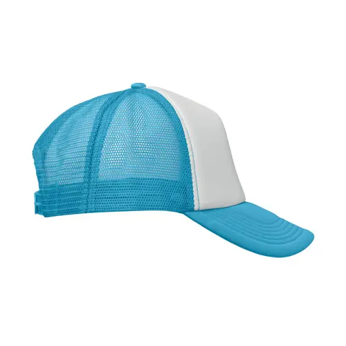Cappellino trucker con visiera in poliestere a 5 pannelli con retinatura e chiusura regolabile in plastica