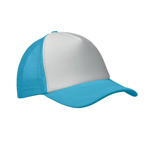 Cappellino trucker con visiera in poliestere a 5 pannelli con retinatura e chiusura regolabile in plastica