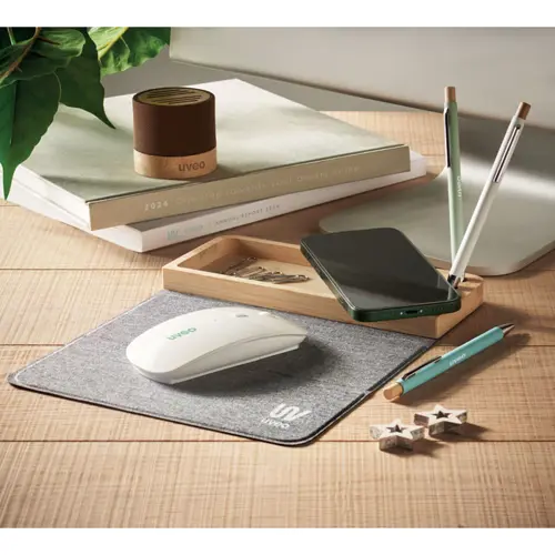 Caricabatterie wireless e organizer in bambù con supporto per telefono tappetino per mouse pieghevole in RPET