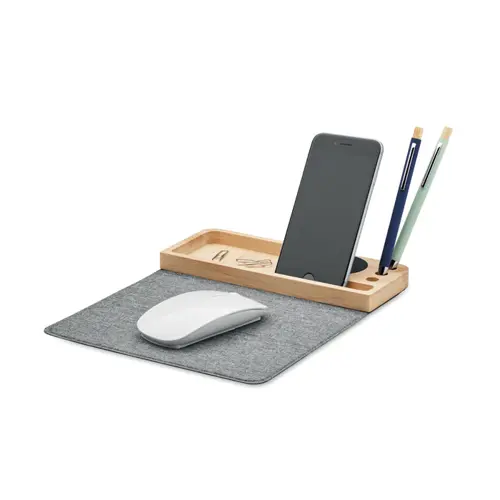 Caricabatterie wireless e organizer in bambù con supporto per telefono tappetino per mouse pieghevole in RPET