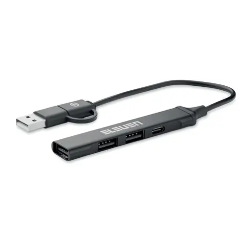 Hub USB a 4 porte in alluminio riciclato con 3 porte USB-A e 1 porta USB-C