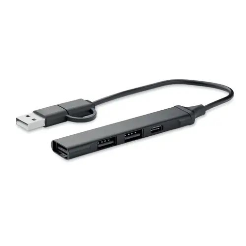 Hub USB a 4 porte in alluminio riciclato con 3 porte USB-A e 1 porta USB-C