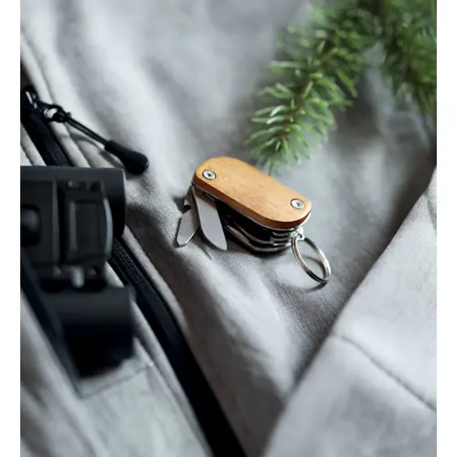 Utensile tascabile multiuso in acciaio e legno di acacia con 9 funzioni e torcia led