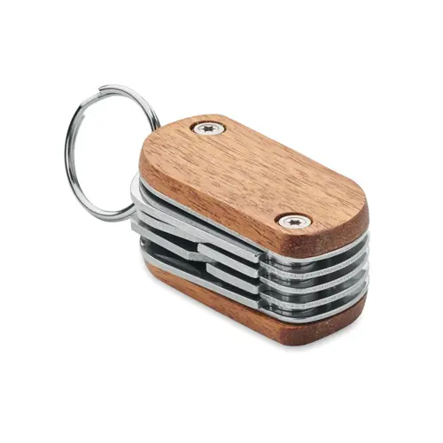 Utensile tascabile multiuso in acciaio e legno di acacia con 9 funzioni e torcia led