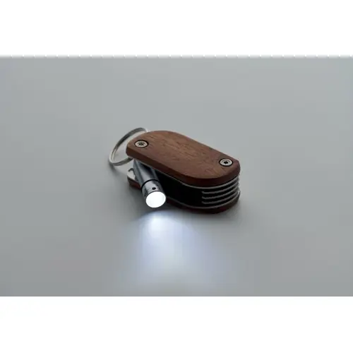 Utensile tascabile multiuso in acciaio e legno di acacia con 9 funzioni e torcia led